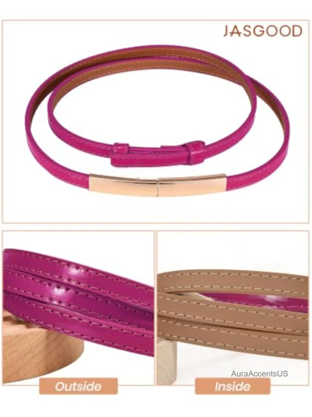 Women's Skinny Patent Leather Belt with Gold Interlocking Buckle, Adjustable